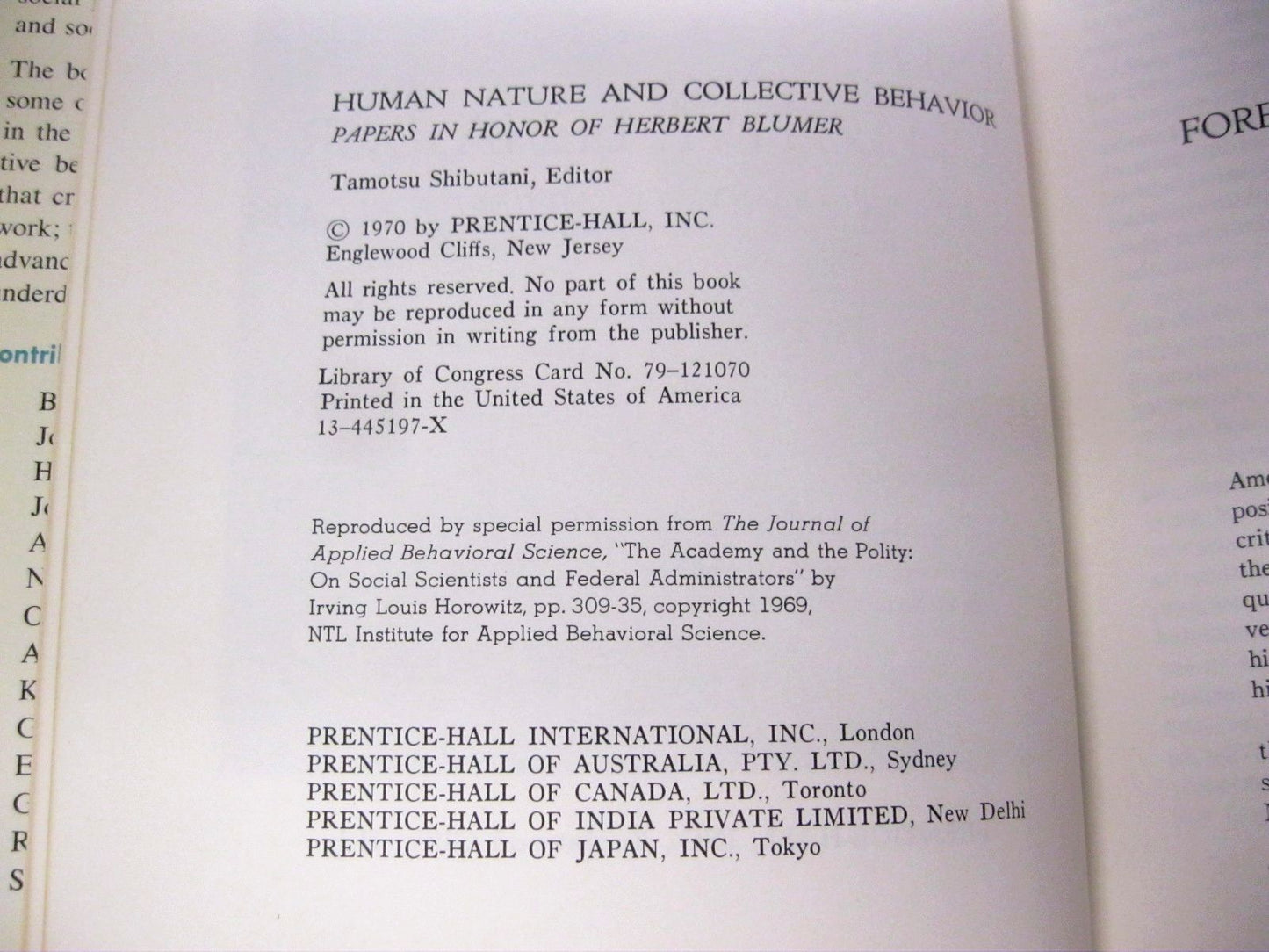 Human Nature and Collective Behavior: Papers in Honor of Herbert Blumer edited by Tamotsu Shibutani